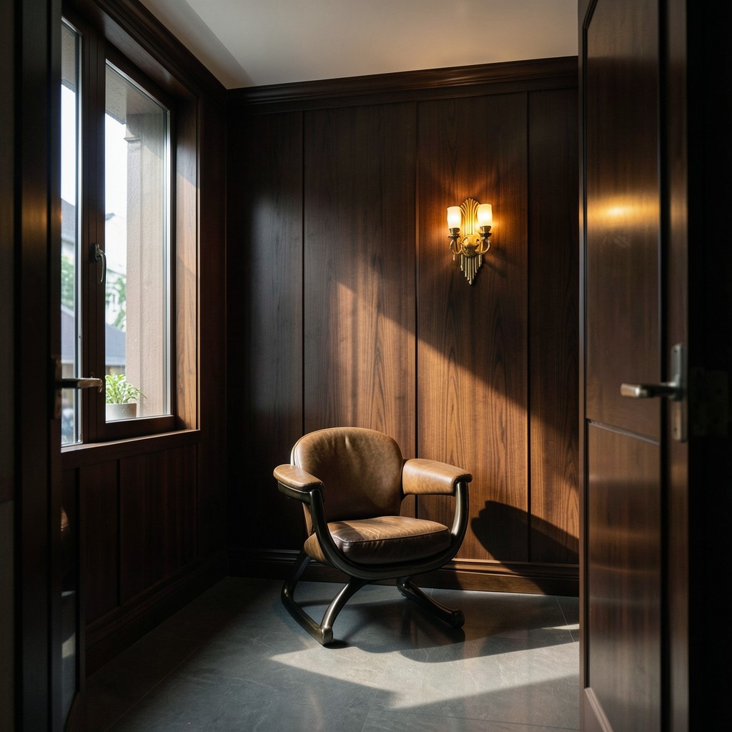 Quiet Bang Khen office reception with warm lighting and dark wood
