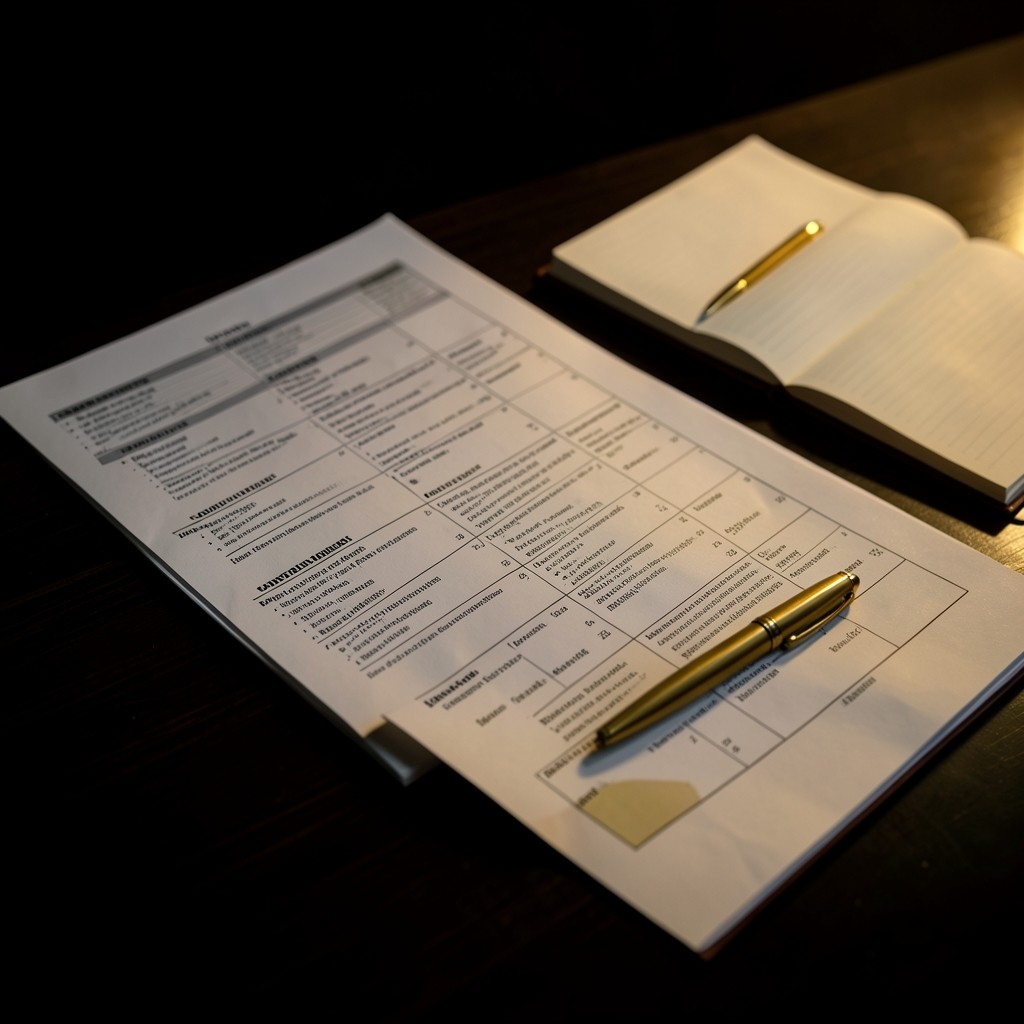 Printed category review charts beside a notebook on a dark wood desk