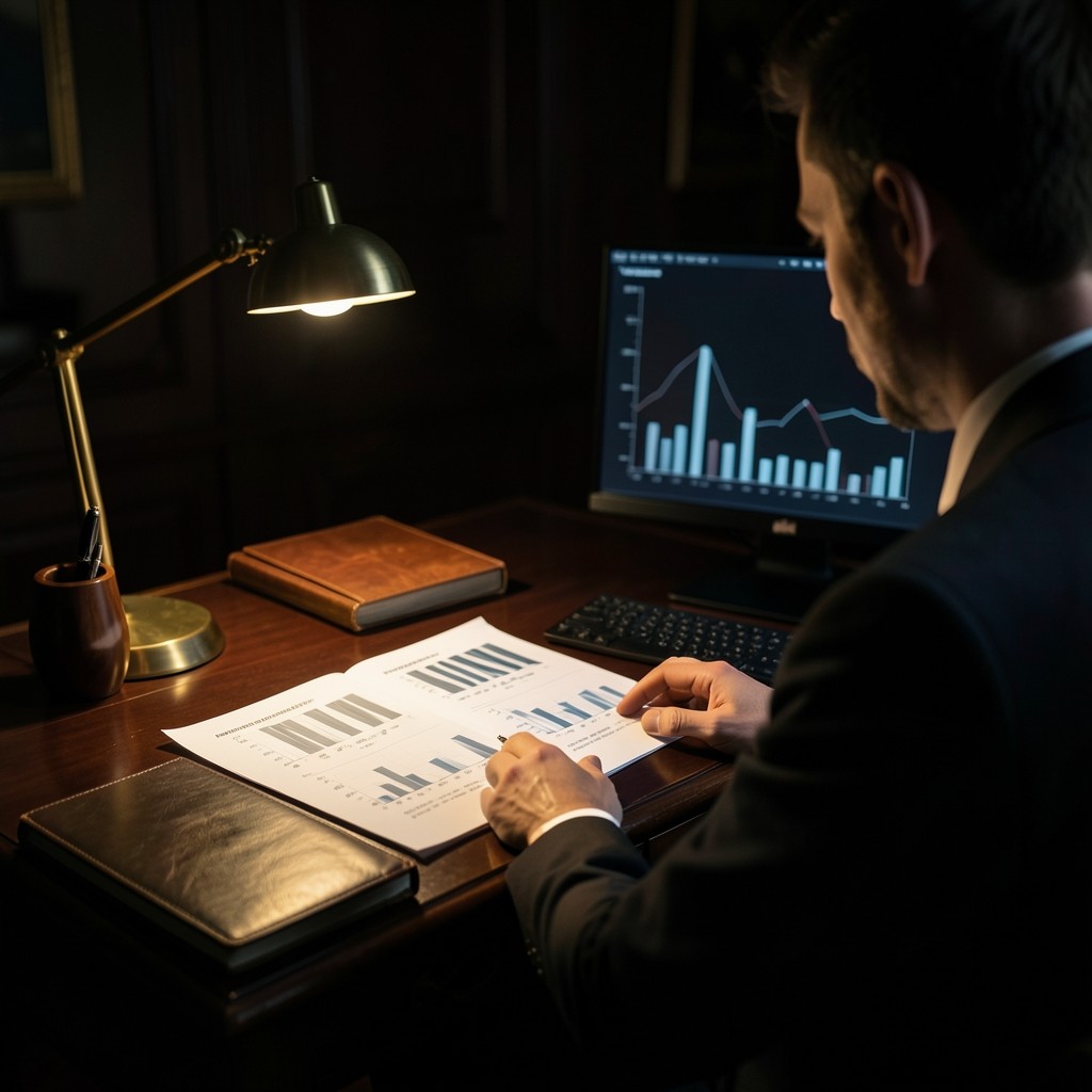 Analyst reviewing category performance charts on a desk in warm low light